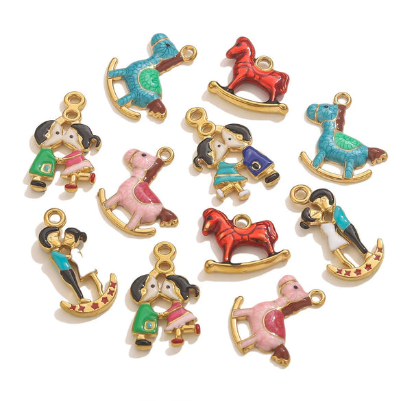 Wholesale Stainless Steel And Wooden Pony Moon Person Shaped Oil Dripping Jewelry Accessories Pendant For Bracelet And Necklace