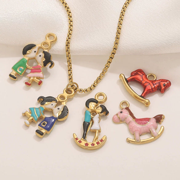 Wholesale Stainless Steel And Wooden Pony Moon Person Shaped Oil Dripping Jewelry Accessories Pendant For Bracelet And Necklace