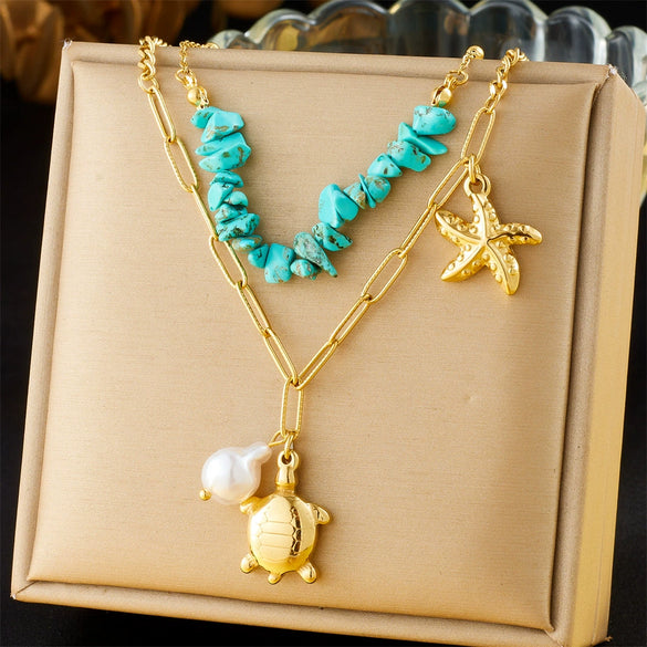 Wholesale Stainless Steel Animal Zodiac Double Layer Overlapping Chain Necklace With Blue Gravel Pearl Electroplated For Women