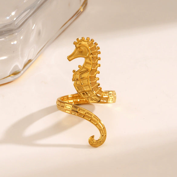 Wholesale Stainless Steel Animal Zodiac Hippocampus Women's Ring With Electroplating