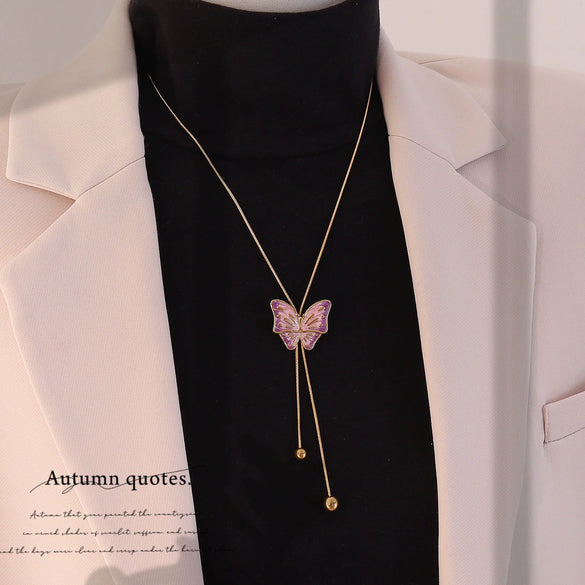 Wholesale Stainless Steel Animal Zodiac Pattern Pull Out Butterfly Pendant Long Sweater Chain Pig Nose Necklace Jewelry