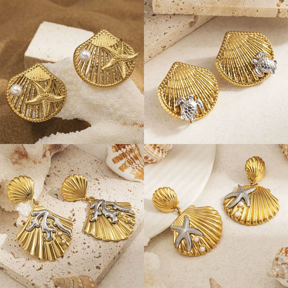 Wholesale Stainless Steel Animal Zodiac Pattern Titanium Steel Plated 18K Gold Elegant Ocean Earrings For Women