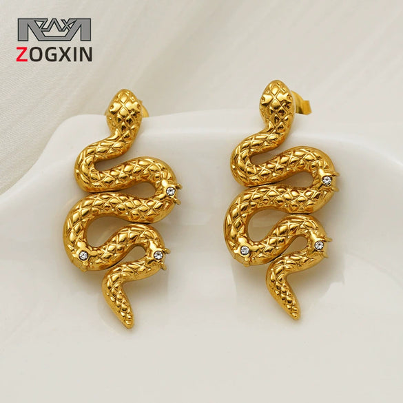 Wholesale Stainless Steel Animal Zodiac Snake Shaped Diamond Encrusted 18K Gold Plated Earrings For Women