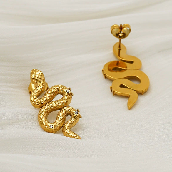 Wholesale Stainless Steel Animal Zodiac Snake Shaped Diamond Encrusted 18K Gold Plated Earrings For Women