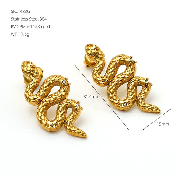 Wholesale Stainless Steel Animal Zodiac Snake Shaped Diamond Encrusted 18K Gold Plated Earrings For Women
