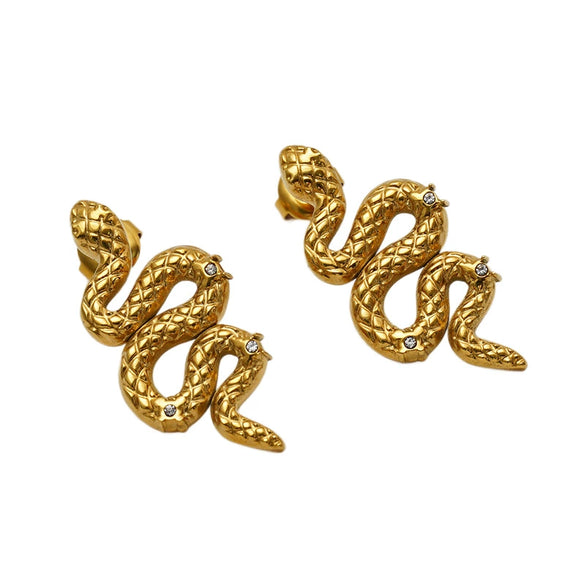 Wholesale Stainless Steel Animal Zodiac Snake Shaped Diamond Encrusted 18K Gold Plated Earrings For Women