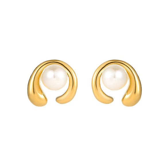 Wholesale Stainless Steel Asymmetrical Cshaped Shell Beads Pearl Titanium Steel Electroplated Minimalist Women's Earrings