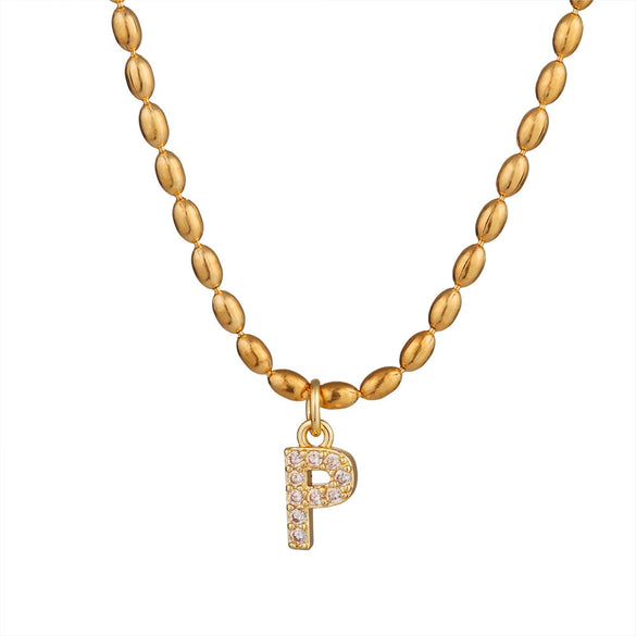 Wholesale Stainless Steel Ball Chain Necklace With Copper Letter Pendant And Zircon For Women