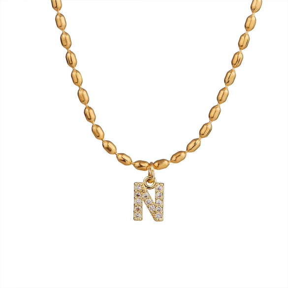 Wholesale Stainless Steel Ball Chain Necklace With Copper Letter Pendant And Zircon For Women