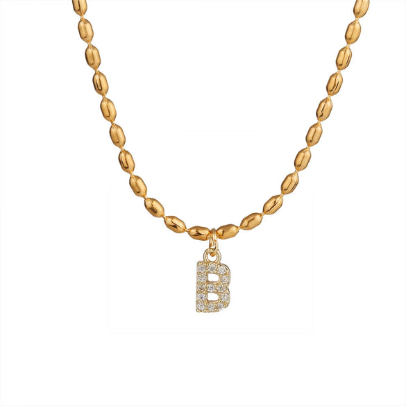 Wholesale Stainless Steel Ball Chain Necklace With Copper Letter Pendant And Zircon For Women