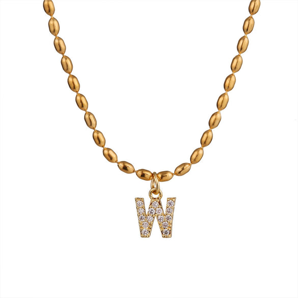Wholesale Stainless Steel Ball Chain Necklace With Copper Letter Pendant And Zircon For Women