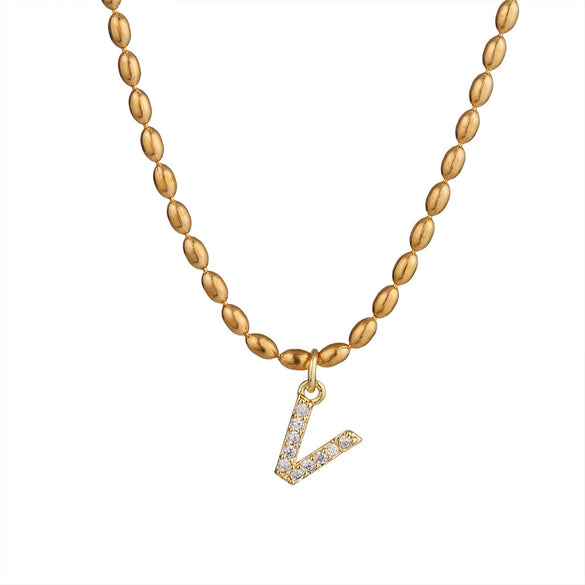 Wholesale Stainless Steel Ball Chain Necklace With Copper Letter Pendant And Zircon For Women