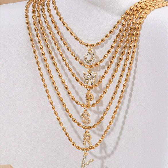 Wholesale Stainless Steel Ball Chain Necklace With Copper Letter Pendant And Zircon For Women