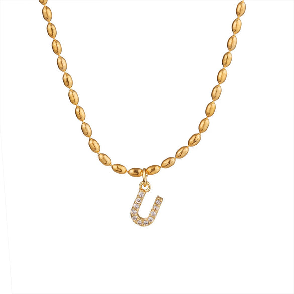 Wholesale Stainless Steel Ball Chain Necklace With Copper Letter Pendant And Zircon For Women