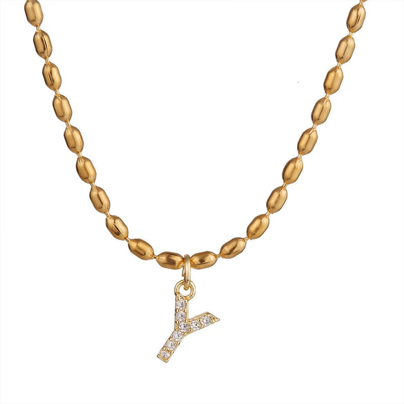 Wholesale Stainless Steel Ball Chain Necklace With Copper Letter Pendant And Zircon For Women