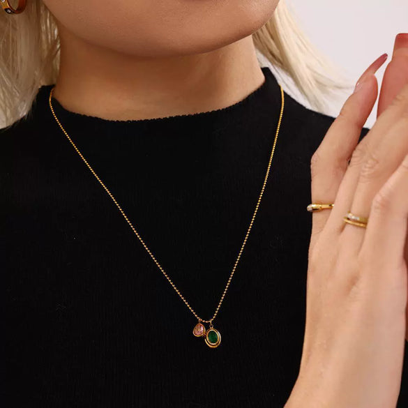 Wholesale Stainless Steel Ball Chain Necklace With Water Drops Delicate Small Pendant Zircon Geometric Pattern Pvd Plated 18K True Gold For Women