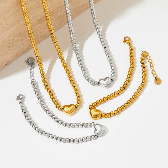 Wholesale Stainless Steel Beaded Bracelet And Necklace Suit With Love Heart Water Drop Bell Patterns Electroplated For Women