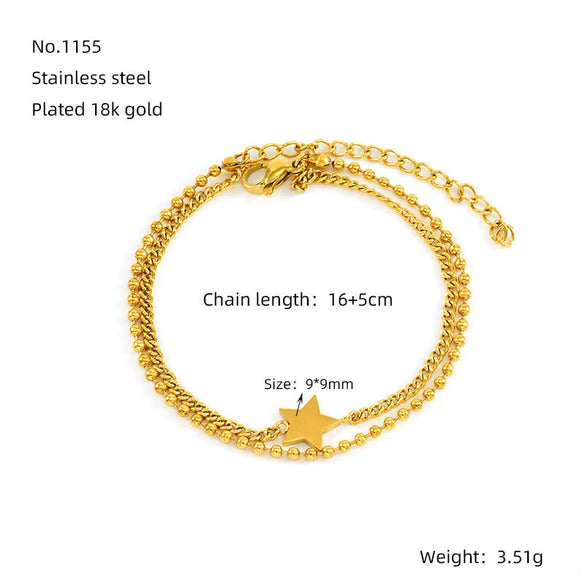 Wholesale 316L Stainless Steel Beads Twisted Chain Doublelayer Stacked Fivepointed Star Electroplated Women's Bracelet