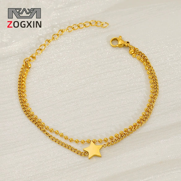 Wholesale 316L Stainless Steel Beads Twisted Chain Doublelayer Stacked Fivepointed Star Electroplated Women's Bracelet