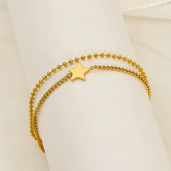 Wholesale 316L Stainless Steel Beads Twisted Chain Doublelayer Stacked Fivepointed Star Electroplated Women's Bracelet