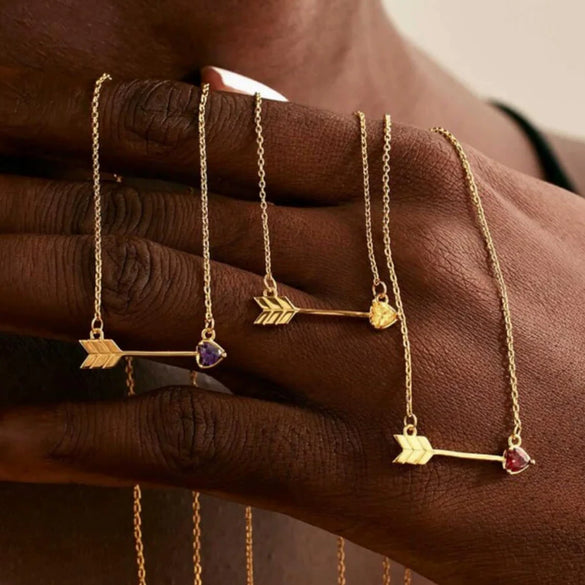 Wholesale Stainless Steel Birthstone Necklace With Arrow Piercing Heart Pendant Electroplated In 18K Gold