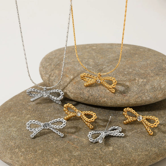 Wholesale Stainless Steel Bow Earrings And Butterfly Necklace For Women With Electroplating Featuring Butterfly Dragonfly And Insect Patterns