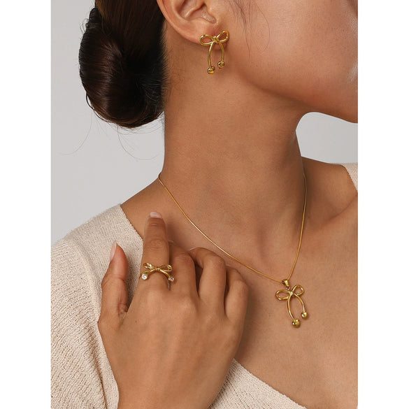 Wholesale Stainless Steel Bow Earrings And Butterfly Necklace With Electroplating And Unique Design