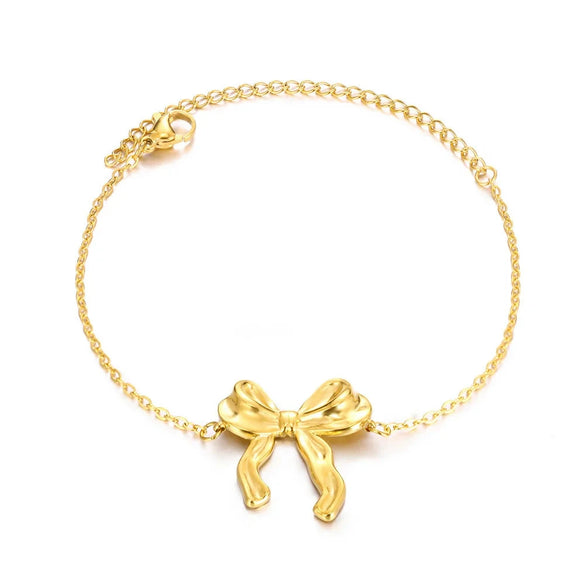 Wholesale Stainless Steel Bow Earrings And Clavicle Chain Set With 18K Gold Electroplating For Women