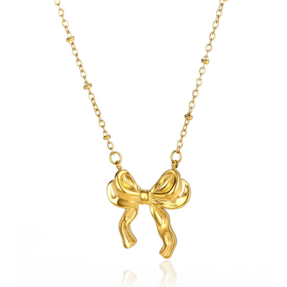 Wholesale Stainless Steel Bow Earrings And Clavicle Chain Set With 18K Gold Electroplating For Women