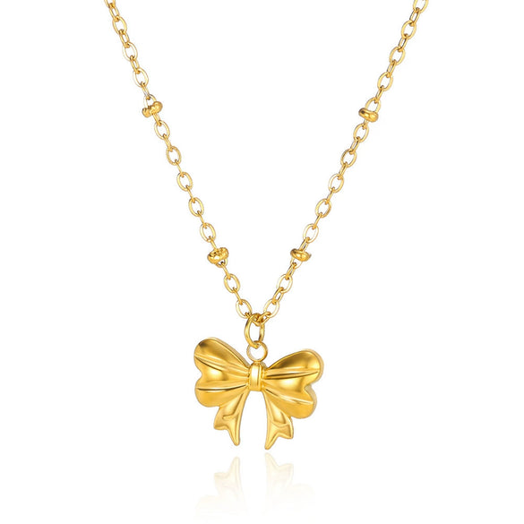 Wholesale Stainless Steel Bow Earrings And Clavicle Chain Set With 18K Gold Electroplating For Women