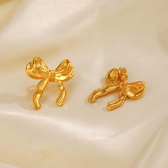 Wholesale Stainless Steel Bow Earrings 18K Gold Plated Hip Hop Style For Women