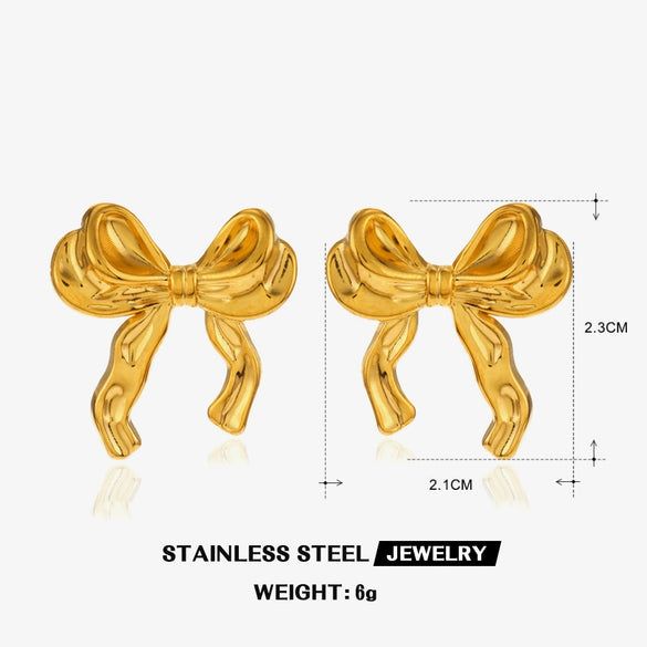 Wholesale Stainless Steel Bow Earrings 18K Gold Plated Hip Hop Style For Women