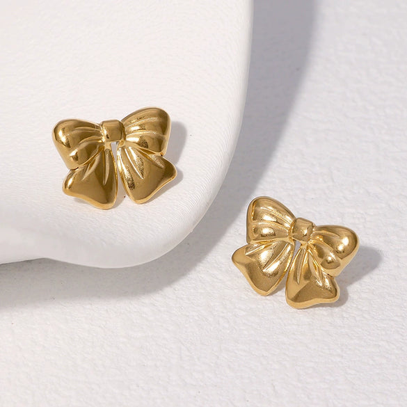 Wholesale Stainless Steel Bow Earrings Minimalist Style Gold Plated