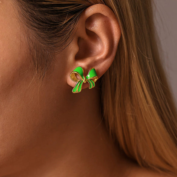 Wholesale Stainless Steel Bow Geometric Earrings With Oil Painting Texture And Electroplating For Women
