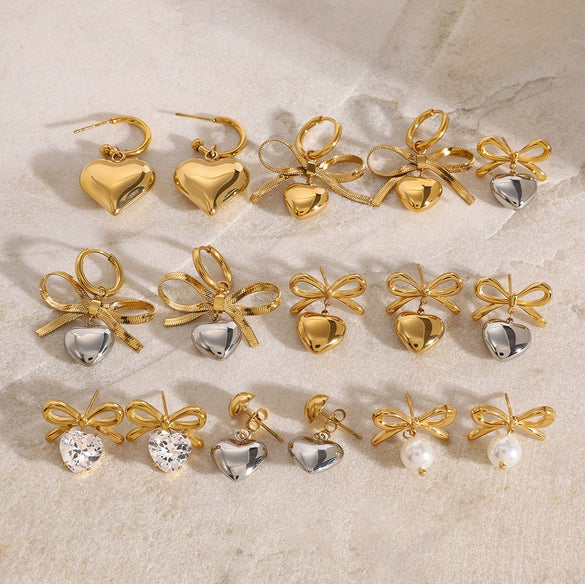 Wholesale Stainless Steel Bow Heart Shape Earrings For Women With Electroplating Design And Zircon