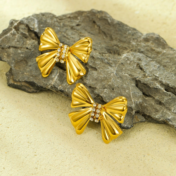 Wholesale Stainless Steel Bow Inlaid Zircon Earrings With Electroplating Treatment For Women