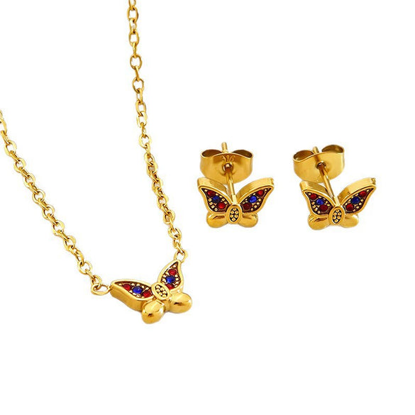 Wholesale Stainless Steel Butterfly And Dragonfly Patterned 18K Goldplated Necklace And Earrings Set For Women
