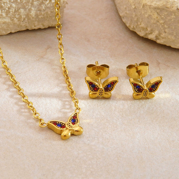 Wholesale Stainless Steel Butterfly And Dragonfly Patterned 18K Goldplated Necklace And Earrings Set For Women