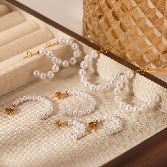 Wholesale Stainless Steel C Shaped Pearl Earrings For Women Geometric Style Electroplated