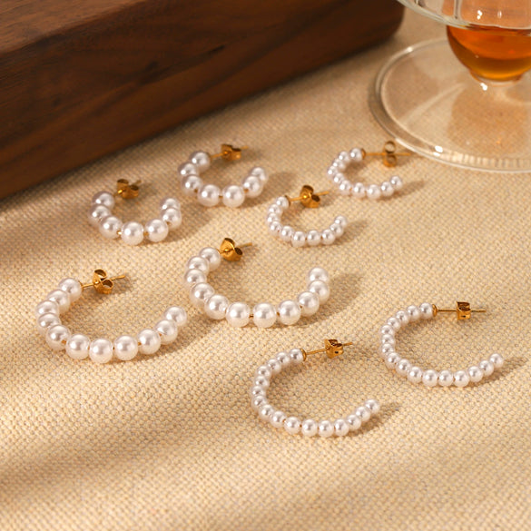 Wholesale Stainless Steel C Shaped Pearl Earrings For Women Geometric Style Electroplated