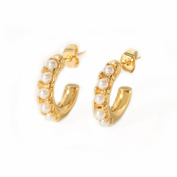 Wholesale Stainless Steel C Shaped Pearl Earrings With 18K Gold Plated Finish For Women Vacuum Real Gold Electroplated In Pvd Furnace