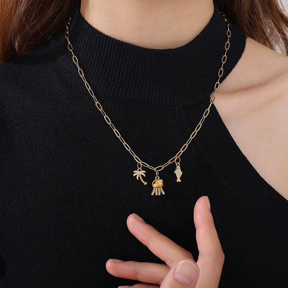 Wholesale 316L Stainless Steel Cartoon Animal Zodiac Inlaid Rhinestone Starfish Coconut Tree Pendant Necklace Bracelet Accessories Electroplated