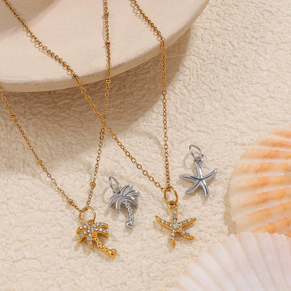 Wholesale 316L Stainless Steel Cartoon Animal Zodiac Inlaid Rhinestone Starfish Coconut Tree Pendant Necklace Bracelet Accessories Electroplated