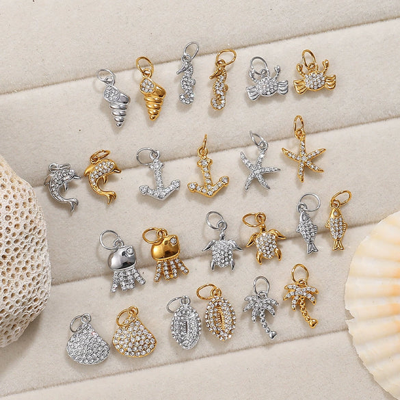 Wholesale 316L Stainless Steel Cartoon Animal Zodiac Inlaid Rhinestone Starfish Coconut Tree Pendant Necklace Bracelet Accessories Electroplated