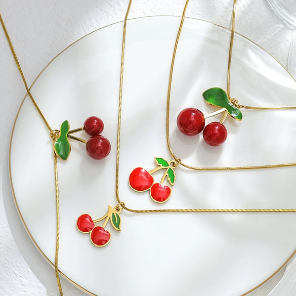 Wholesale Stainless Steel Cherry Pendant Necklace With Snake Bone Chain Electroplating Fashion Minimalist Design