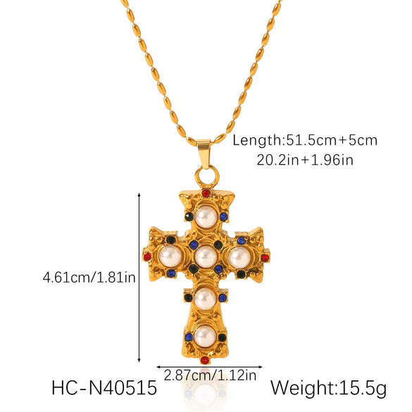Wholesale Stainless Steel Clavicle Chain Necklace With 18K Gold Plated Geometric Pattern Cross Pendant Inlaid With Colored Diamond And Pearl For Women