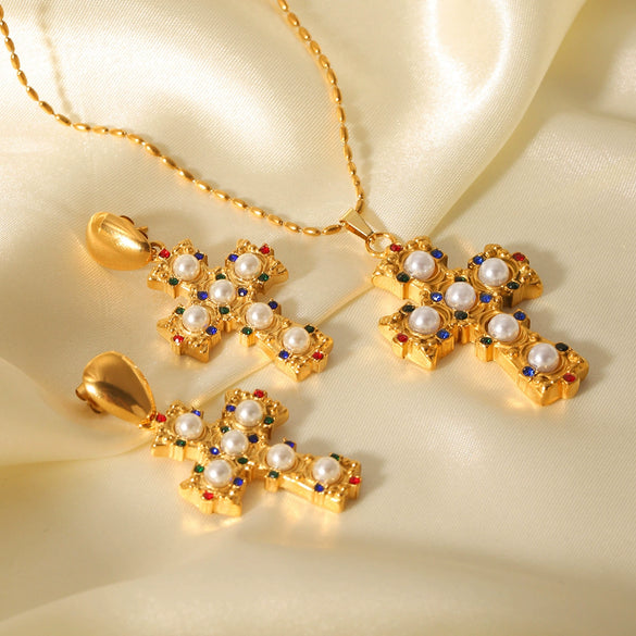 Wholesale Stainless Steel Clavicle Chain Necklace With 18K Gold Plated Geometric Pattern Cross Pendant Inlaid With Colored Diamond And Pearl For Women