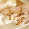 Wholesale Stainless Steel Clavicle Chain Necklace With 18K Gold Plated Geometric Pattern Cross Pendant Inlaid With Colored Diamond And Pearl For Women