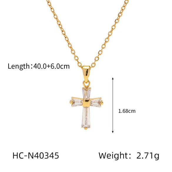 Wholesale Stainless Steel Clavicle Chain Necklace With 18K Gold Plated Geometric Pattern Cross Pendant Inlaid With Colored Diamond And Pearl For Women
