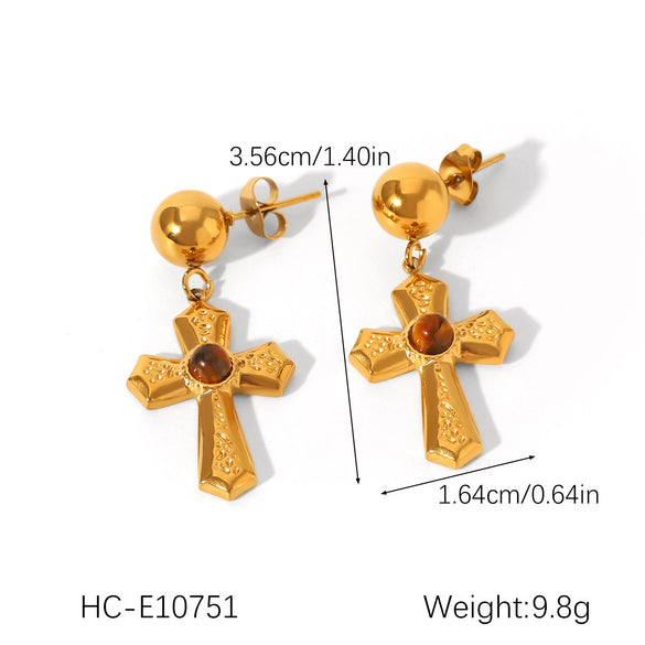 Wholesale Stainless Steel Clavicle Chain Necklace With 18K Gold Plated Geometric Pattern Cross Pendant Inlaid With Colored Diamond And Pearl For Women